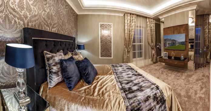 Master bedroom interior in brown tones
